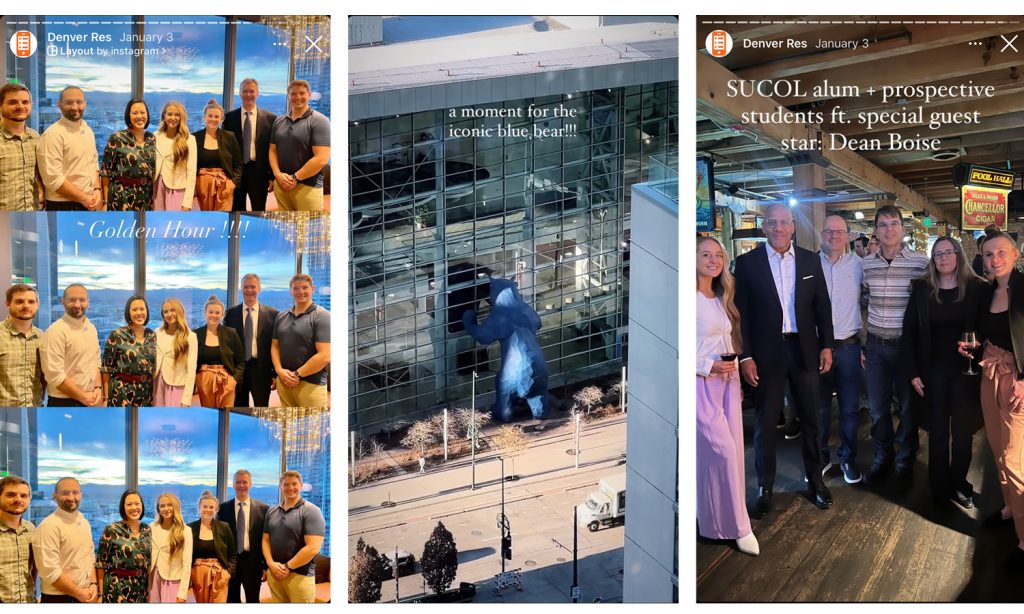 three images of instagram takeovers, featuring JDi students smiling for the camera, and the iconic Denver blue bear looking into a building window